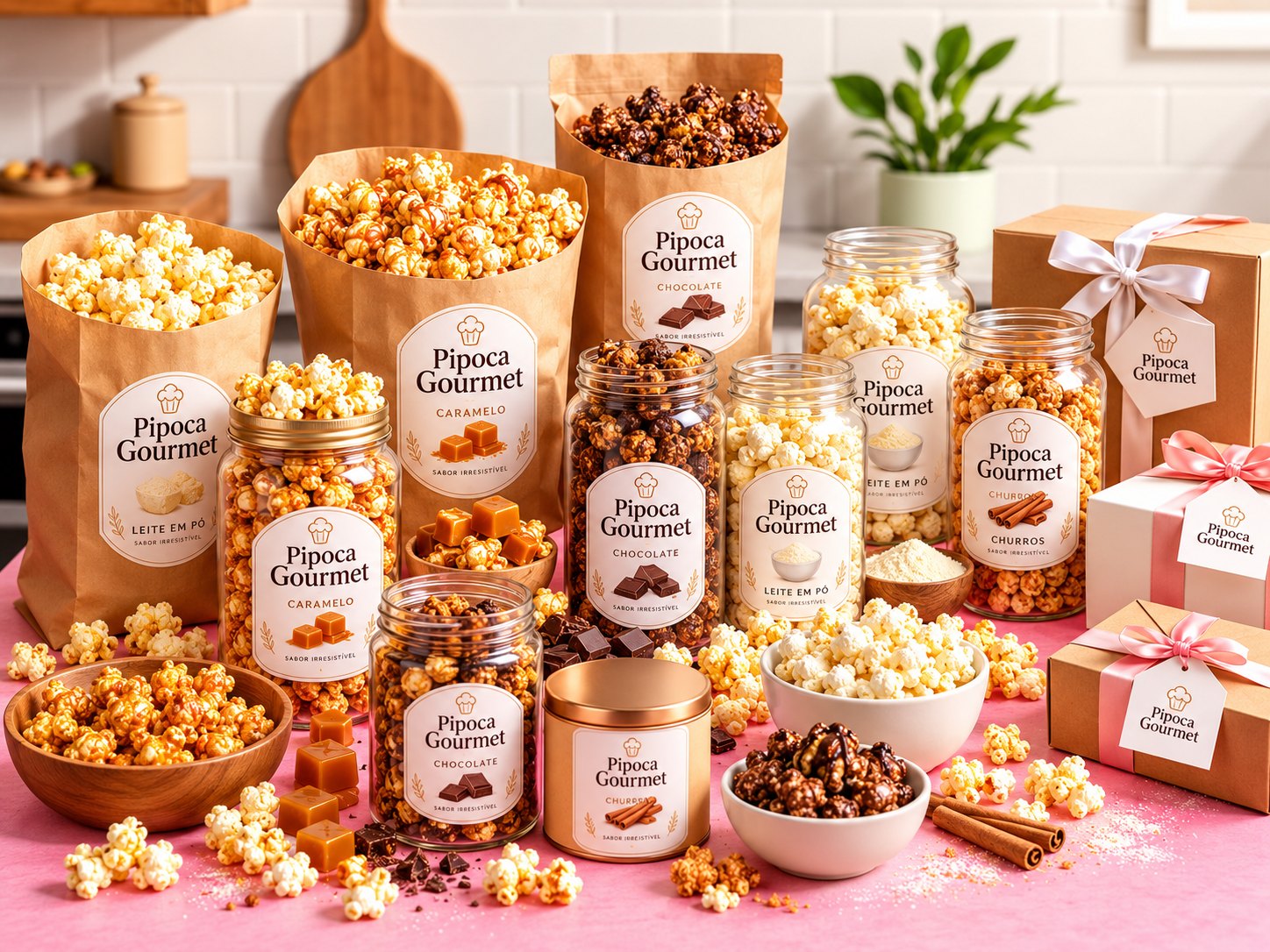 Variedade de pipocas gourmet embaladas para venda em sacos, potes e caixas presenteáveis