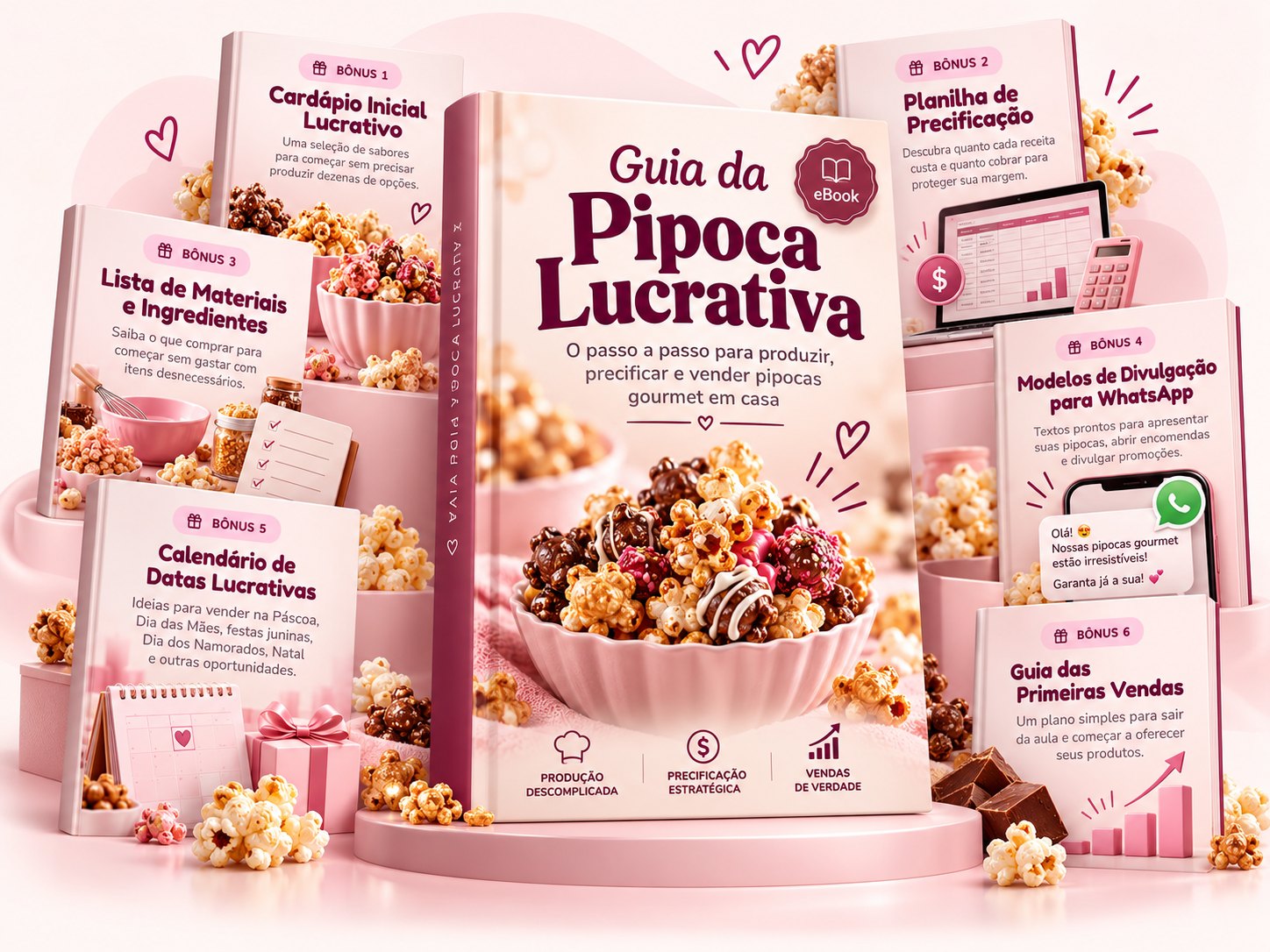 Guia da Pipoca Lucrativa e os 6 bônus inclusos, apresentados como e-books em uma vitrine rosa
